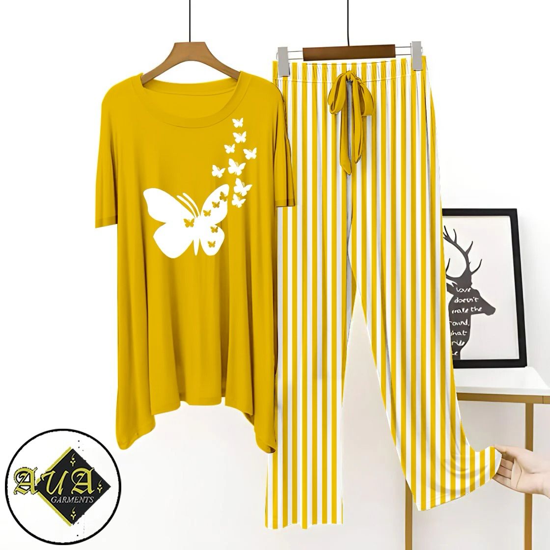 Yellow Lining Trouser Printed Night Suit with Luxurious Lining Pajamas Stylish Sleepwear Set for a Cozy Night's Rest