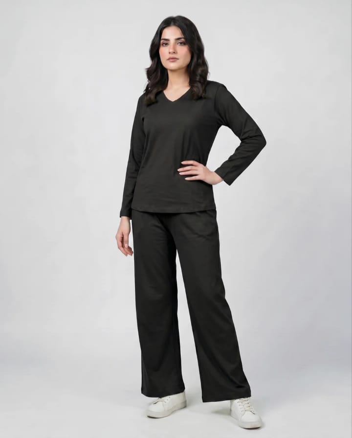 Women V-Neck Lounge Wear -Black