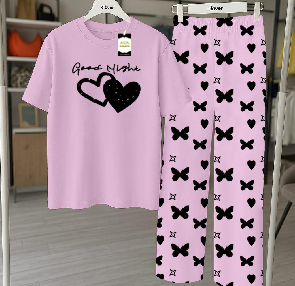 Purple Printed Nightwear Set With Star Butterfly Printed Trousers – Women's Lounge Wear