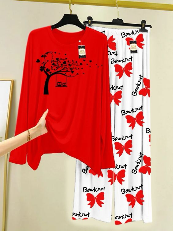 Red Printed Nightwear Set with Boo Printed Trousers – Women's Lounge Wear