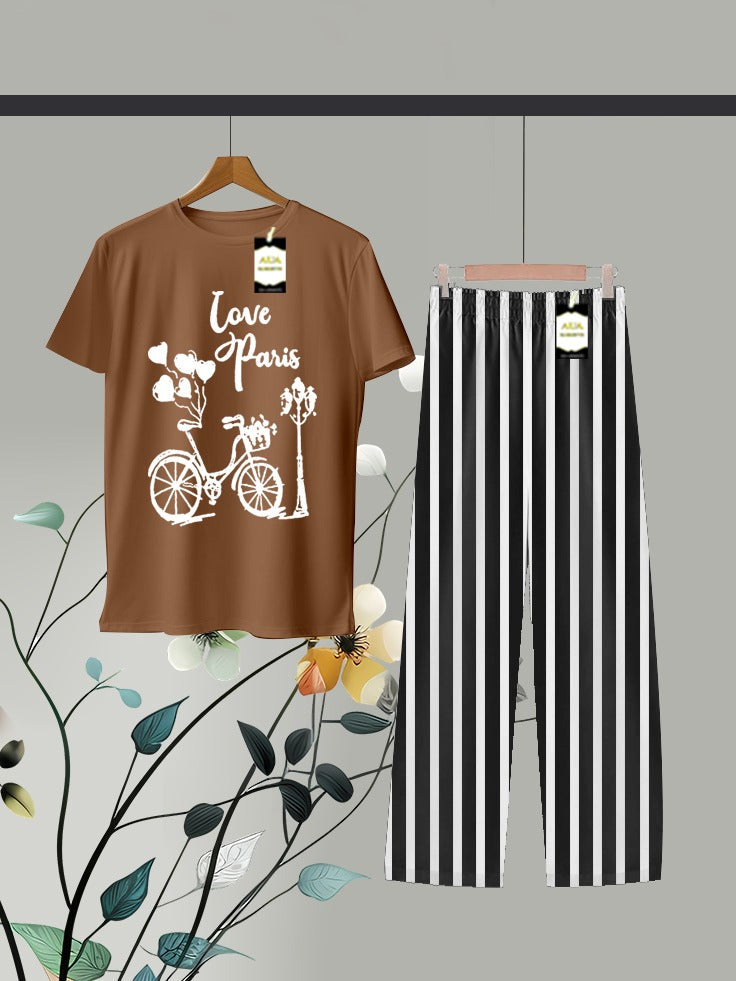 Brown Printed Linig Trouser Lounge wear Nightwear Sleepwear For Women
