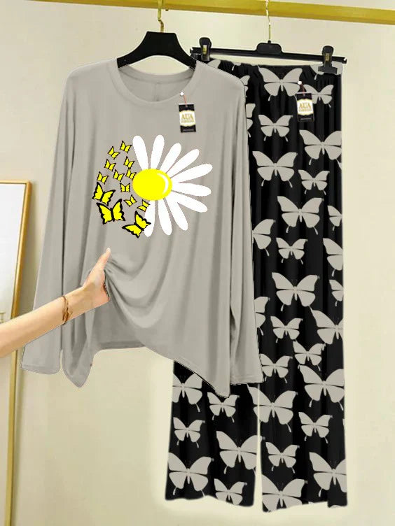 GREY Printed Nightwear Set With Black Butterfly Printed Trousers – Women's Lounge Wear