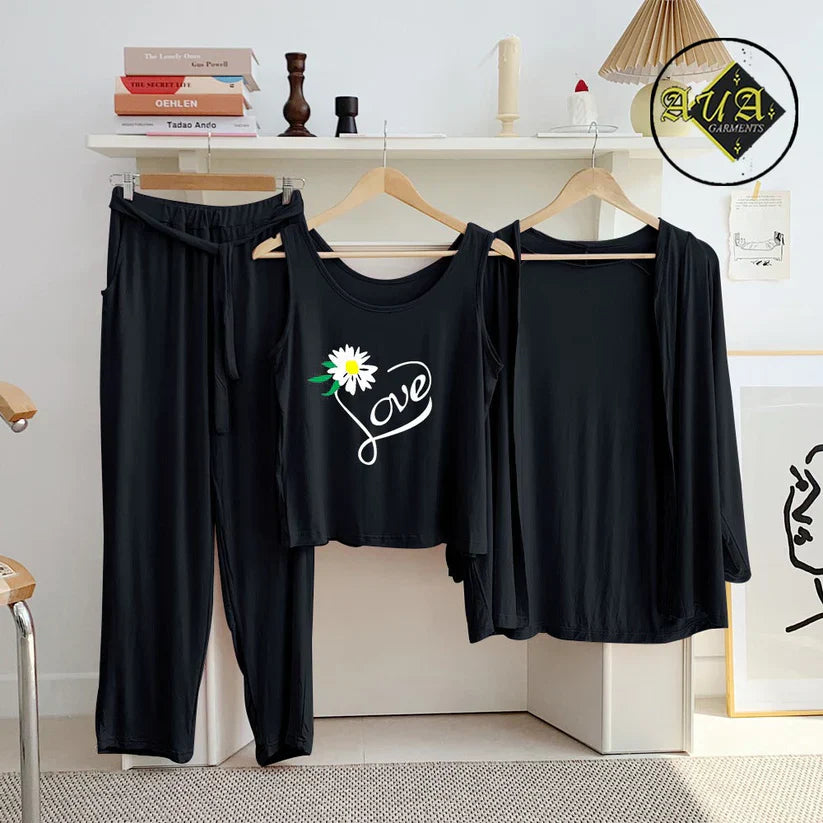 3 Piece Lounge wear Nightwear Sleepwear For Women Black