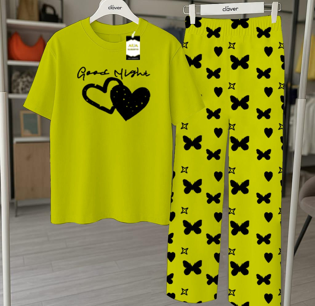 Green Printed Nightwear Set With Star Butterfly Printed Trousers – Women's Lounge Wear