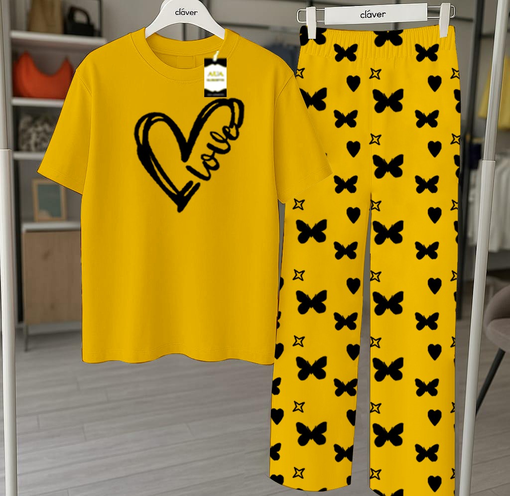 Yellow Printed Nightwear Set With Star Butterfly Printed Trousers – Women's Lounge Wear
