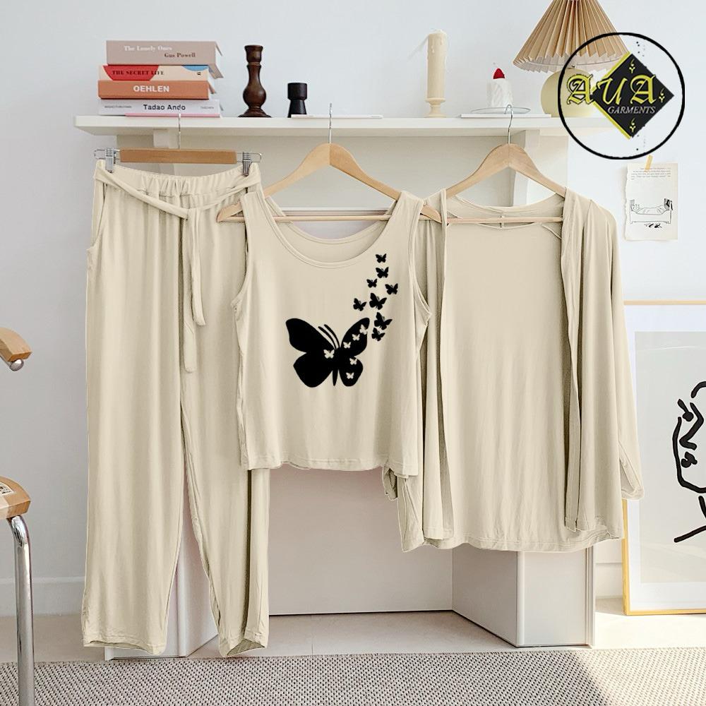 3 Piece Lounge wear Nightwear Sleepwear For Women Beige