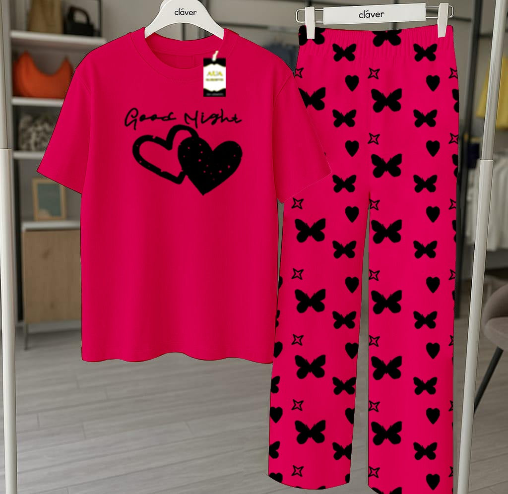 Pink Nightwear Set With Star Butterfly Printed Trousers – Women's Lounge Wear