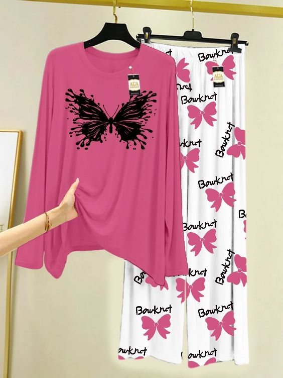 Baby Pink Printed Nightwear Set With Boo Printed Trousers – Women's Lounge Wear