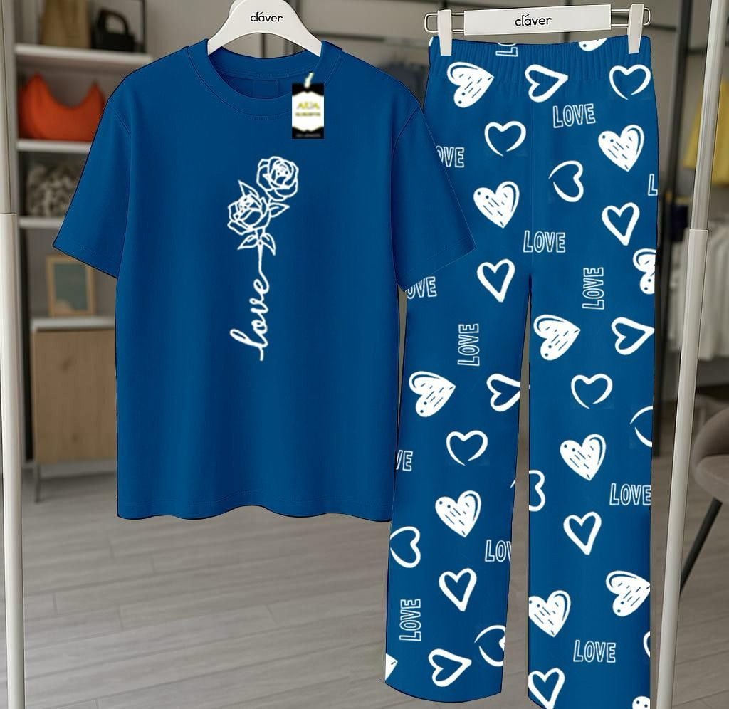 RED GOOD NIGHT Printed Nightwear Set With Love Heart Printed Trousers – Women's Lounge Wear