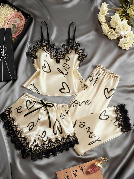 3 Pcs Silk Solid Satin Cami Set with Shorts And Trouser