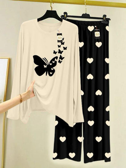 Off white Printed Nightwear Set with Black Mini Heart Printed Trousers – Women's Lounge Wear