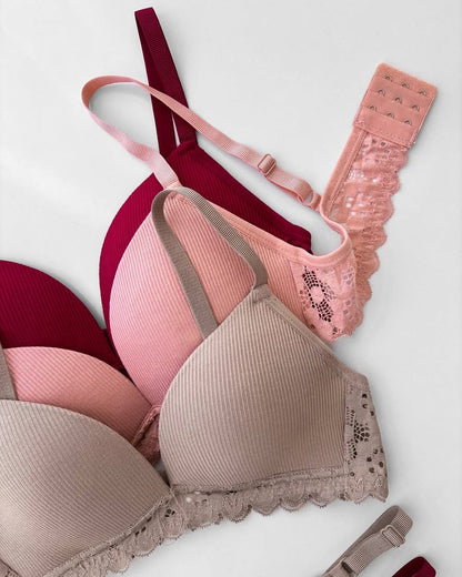 Women's Ribbed Texture Comfort Bra & Panty Set with Eyelet Lace