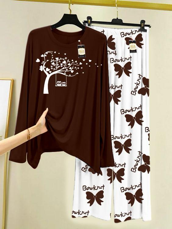 Brown  Printed Nightwear Set with Flower Printed Trousers – Women's Lounge Wear