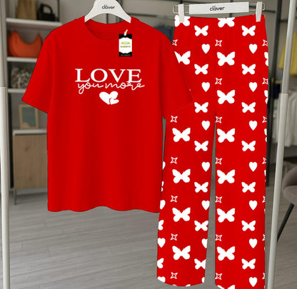Red Printed Nightwear Set With Star Butterfly Printed Trousers – Women's Lounge Wear