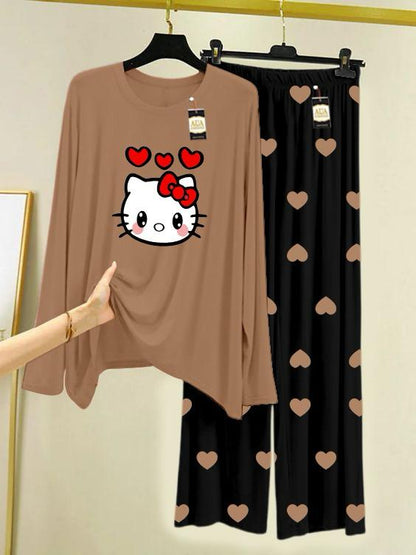 LIGHT BROWN LET ME SLEEP Printed Nightwear Set with Black Mini Heart Printed Trousers – Women's Lounge Wear