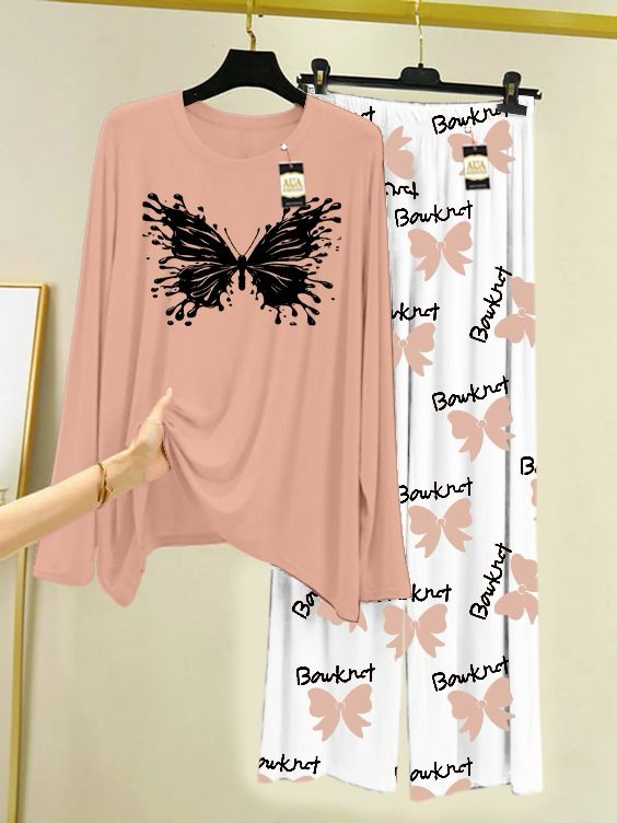 Peach Printed Nightwear Set with Boo Printed Trousers – Women's Lounge Wear