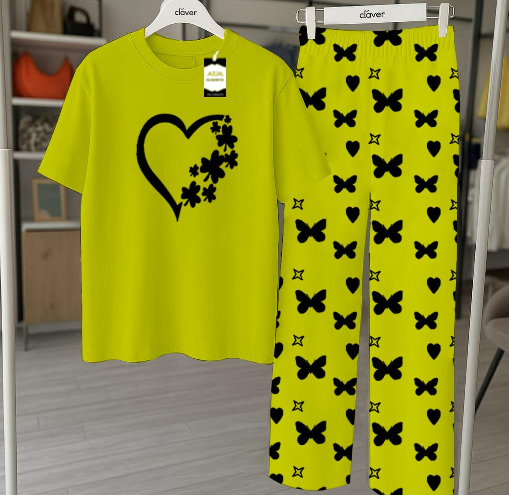 Green Printed Nightwear Set With Star Butterfly Printed Trousers – Women's Lounge Wear