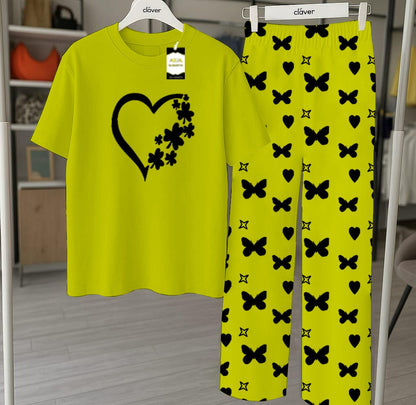 Green Printed Nightwear Set With Star Butterfly Printed Trousers – Women's Lounge Wear