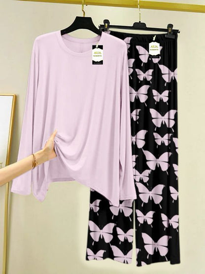 Plan Printed Nightwear Set With Black Butterfly Printed Trousers – Women's Lounge Wear