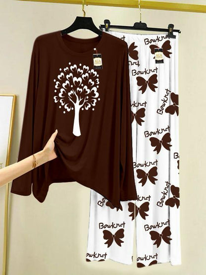 Brown  Printed Nightwear Set with Flower Printed Trousers – Women's Lounge Wear