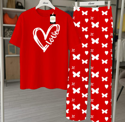 Red Printed Nightwear Set With Star Butterfly Printed Trousers – Women's Lounge Wear