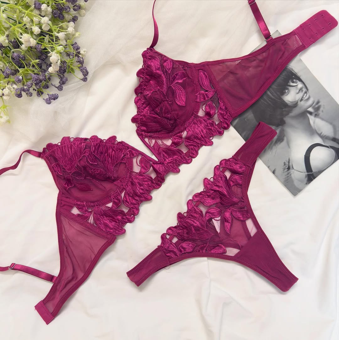 Women's Luxury Floral Applique Sheer Mesh Lingerie Set