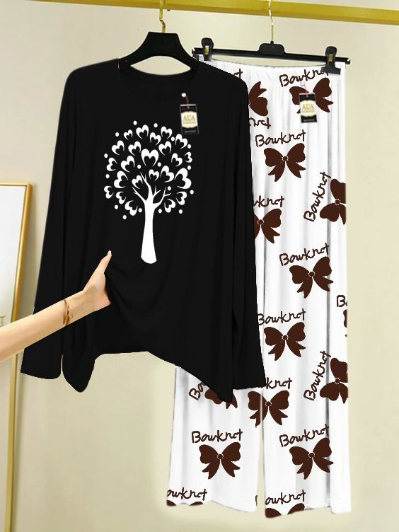 Printed Nightwear Set with Flower Printed Trousers – Women's Lounge Wear