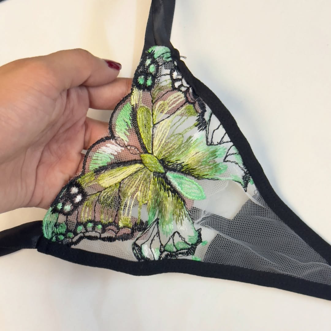 Green Floral Appliqué Bra & Strappy Panty Set