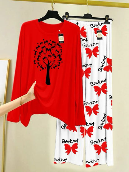 Red Printed Nightwear Set with Boo Printed Trousers – Women's Lounge Wear
