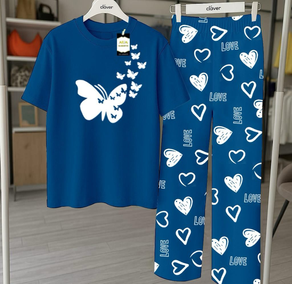RED GOOD NIGHT Printed Nightwear Set With Love Heart Printed Trousers – Women's Lounge Wear