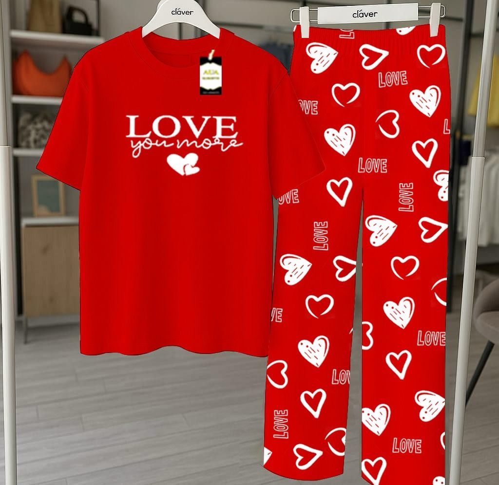 RED  Printed Nightwear Set With Love Heart Printed Trousers – Women's Lounge Wear