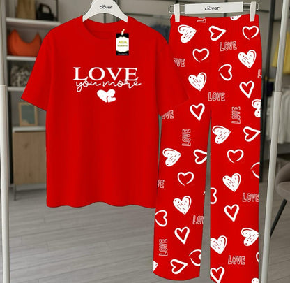 RED  Printed Nightwear Set With Love Heart Printed Trousers – Women's Lounge Wear