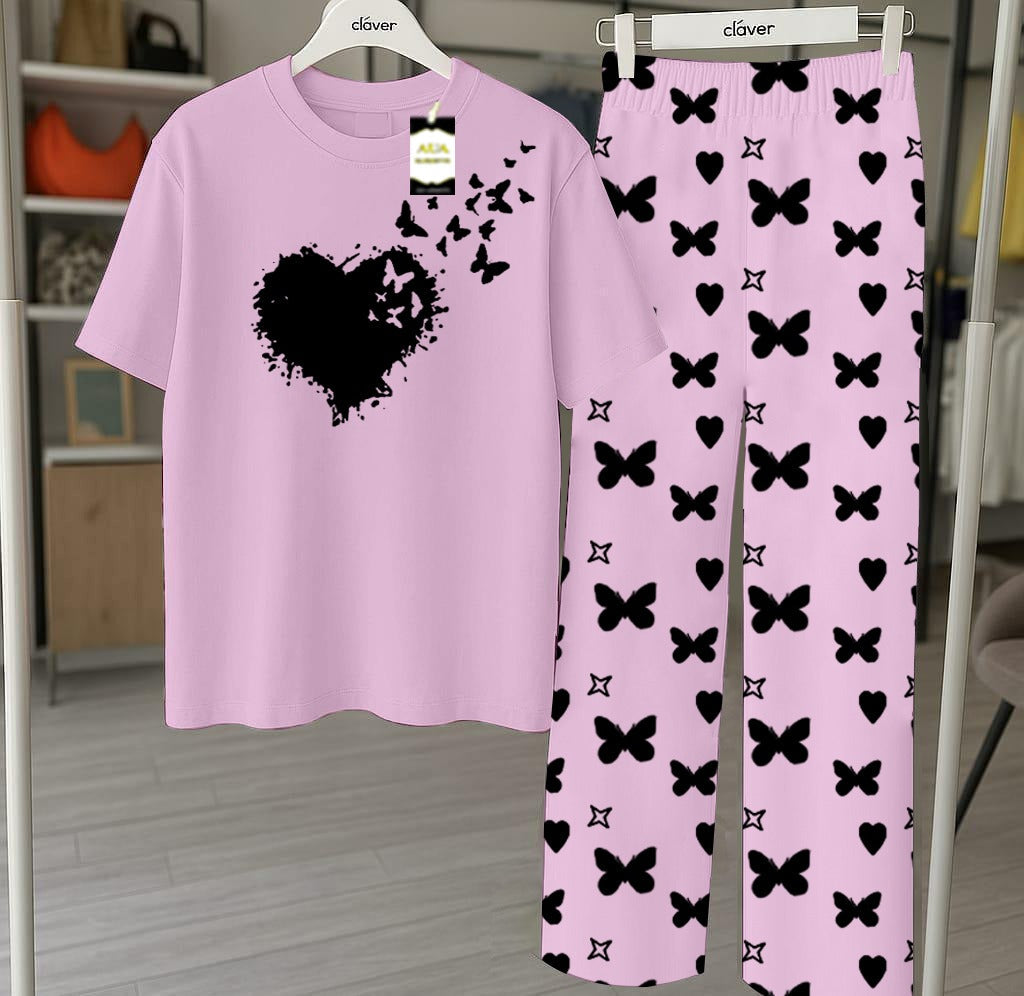 Purple Printed Nightwear Set With Star Butterfly Printed Trousers – Women's Lounge Wear