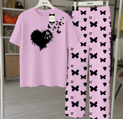 Purple Printed Nightwear Set With Star Butterfly Printed Trousers – Women's Lounge Wear