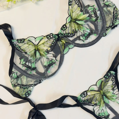 Green Floral Appliqué Bra & Strappy Panty Set
