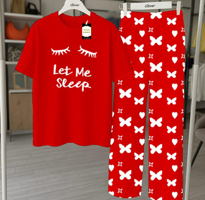Red Printed Nightwear Set With Star Butterfly Printed Trousers – Women's Lounge Wear