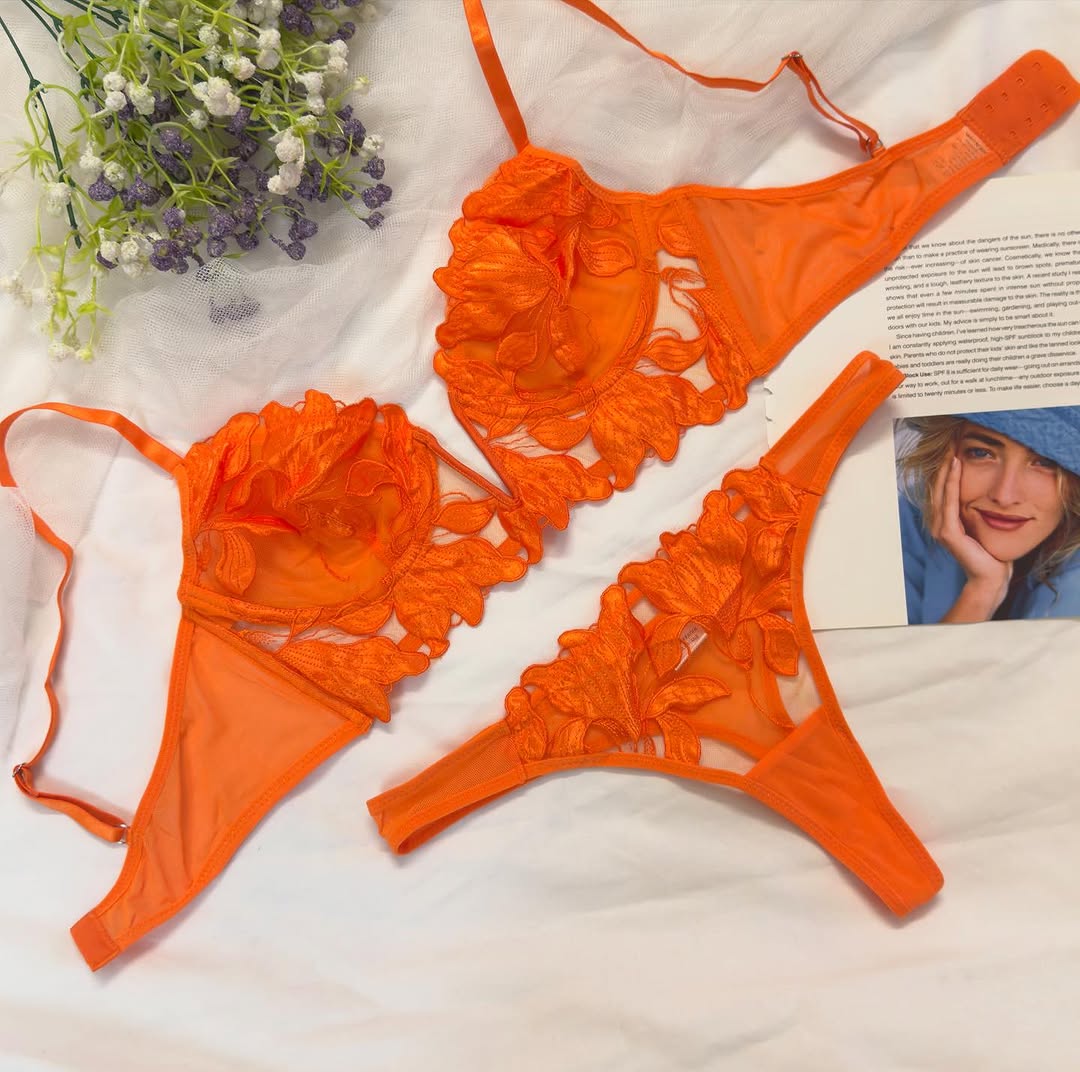 Women's Luxury Floral Applique Sheer Mesh Lingerie Set
