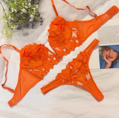 Women's Luxury Floral Applique Sheer Mesh Lingerie Set