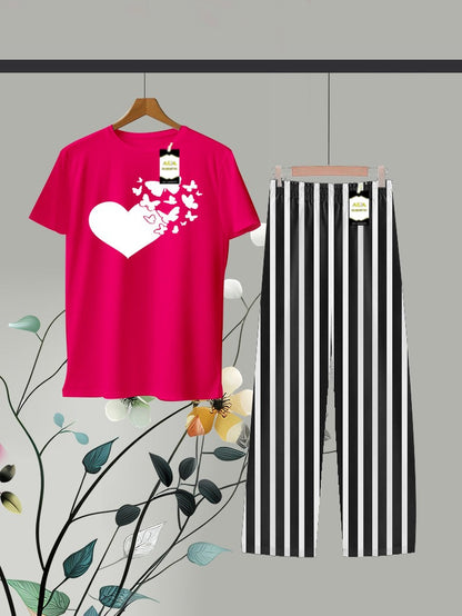 Pink Printed Linig Trouser Lounge wear Nightwear Sleepwear For Women