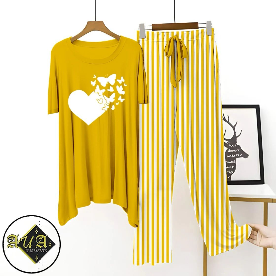 Yellow Lining Trouser Printed Night Suit with Luxurious Lining Pajamas Stylish Sleepwear Set for a Cozy Night's Rest