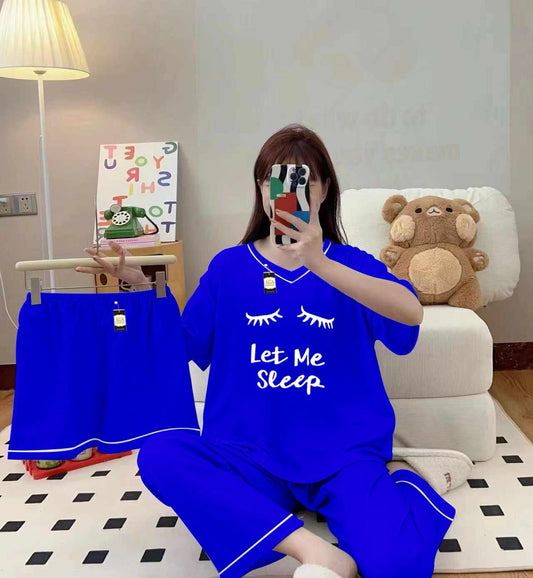 3-Piece Cami Nightwear Set for Women with Elegant White Borders Royal Blue