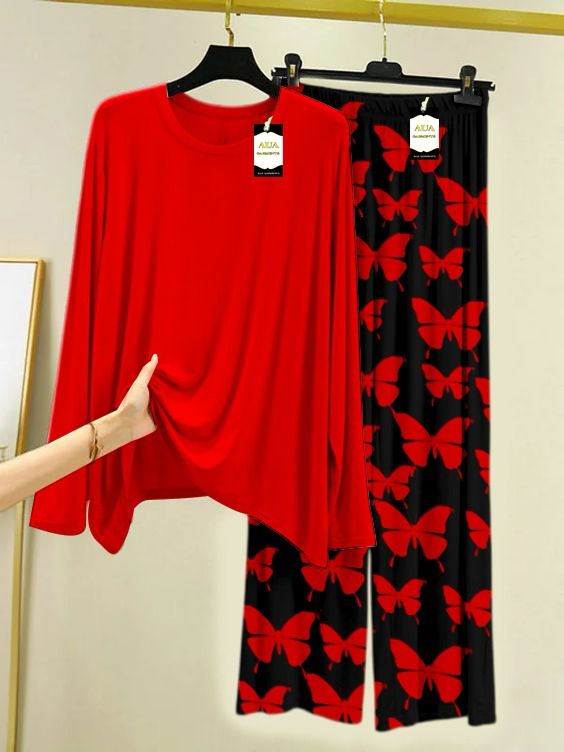 Plan Printed Nightwear Set With Black Butterfly Printed Trousers – Women's Lounge Wear