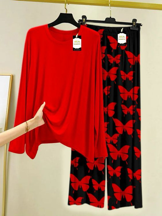 Plan Printed Nightwear Set With Black Butterfly Printed Trousers – Women's Lounge Wear