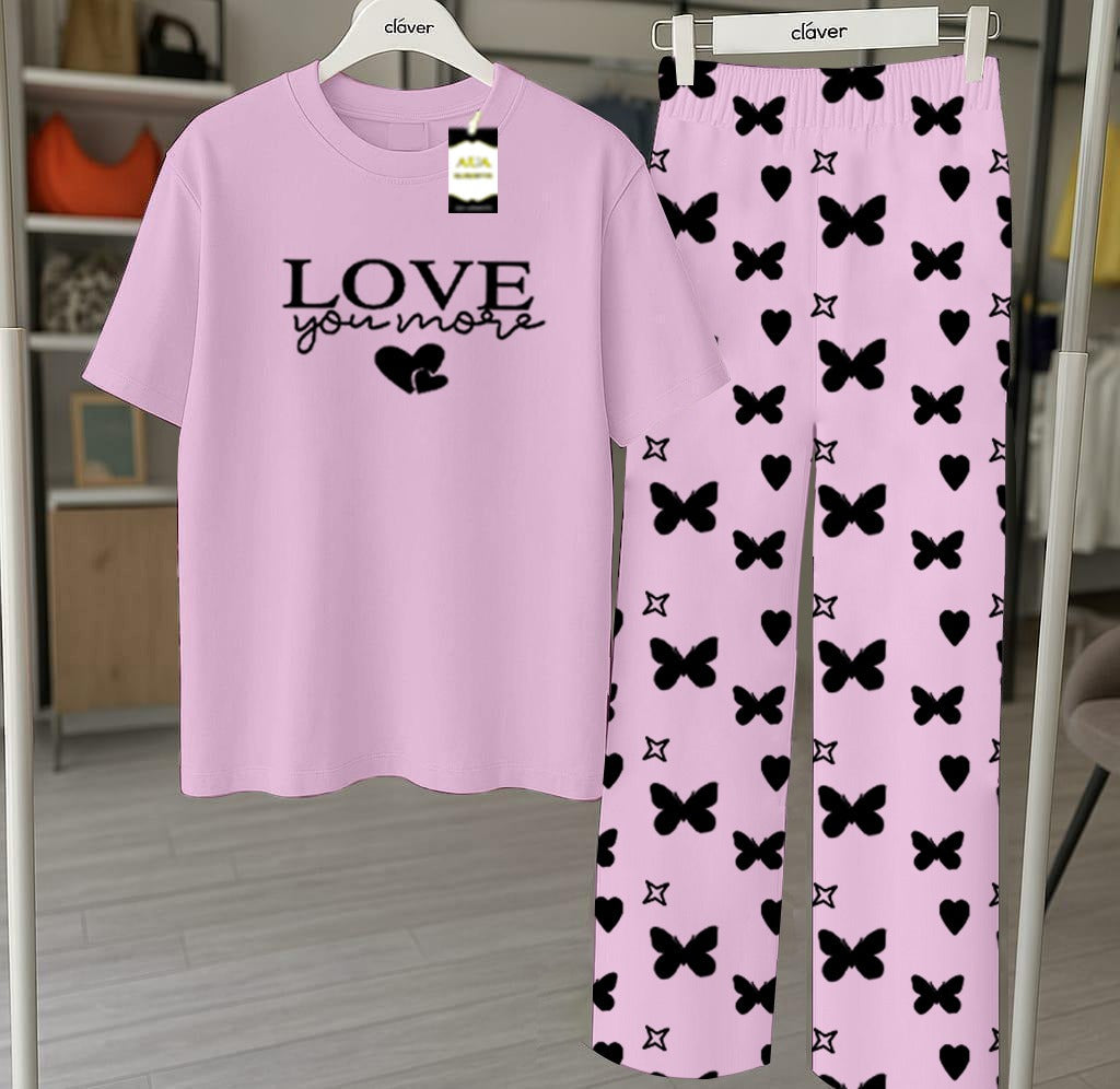 Purple Printed Nightwear Set With Star Butterfly Printed Trousers – Women's Lounge Wear