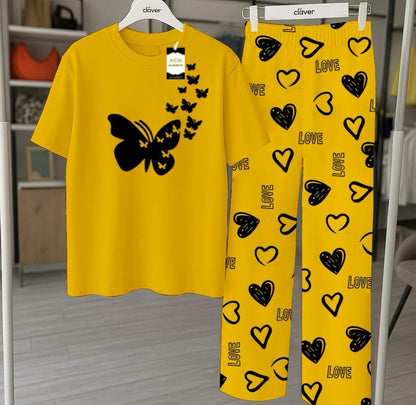 Yellow Printed Nightwear Set With Love Heart Printed Trousers – Women's Lounge Wear