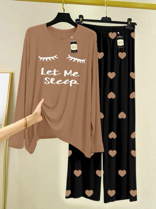 LIGHT BROWN LET ME SLEEP Printed Nightwear Set with Black Mini Heart Printed Trousers – Women's Lounge Wear