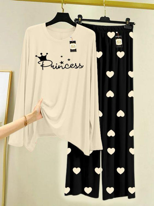 Off white Printed Nightwear Set with Black Mini Heart Printed Trousers – Women's Lounge Wear