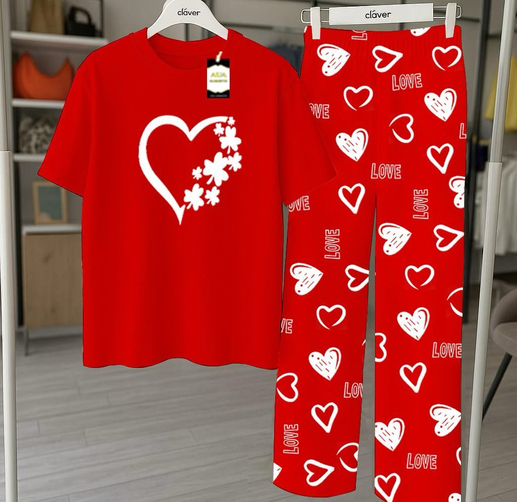 RED  Printed Nightwear Set With Love Heart Printed Trousers – Women's Lounge Wear
