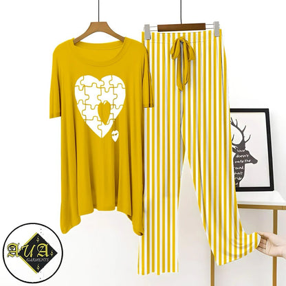 Yellow Lining Trouser Printed Night Suit with Luxurious Lining Pajamas Stylish Sleepwear Set for a Cozy Night's Rest