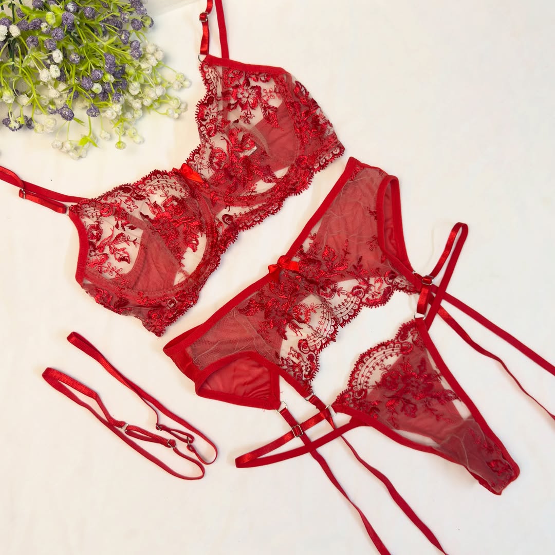 Bold Red Floral Lace Bra & Panty Set